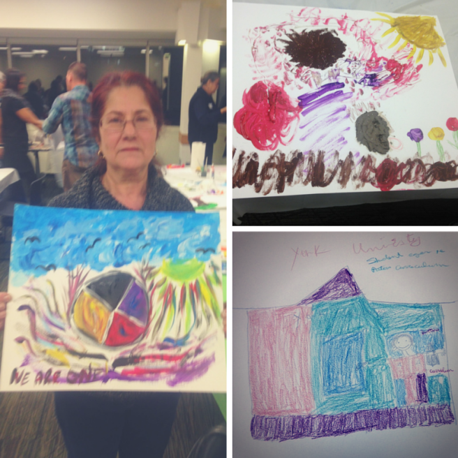 BIST member shows off her work, 'We Are One' (left); 'Blob' (top right); ''York University Student Excited to Learn the Patois Curriculum (bottom left)