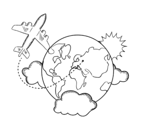 cartoon of plane flying around the world