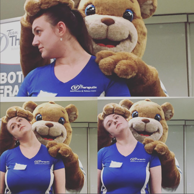 Team Therapeutix Therapy Bear shows physiotherapy treatment on owner Victoria Tolmatshov