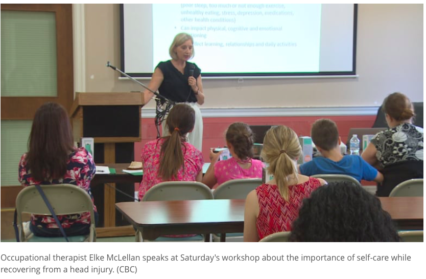 Occupational therapist Elke McLellan speaks at Saturday's workshop about the importance of self-care while recovering from a head injury. (CBC)