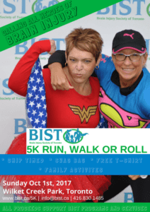 Two women in superhero costumes in front of BISTRUN sign