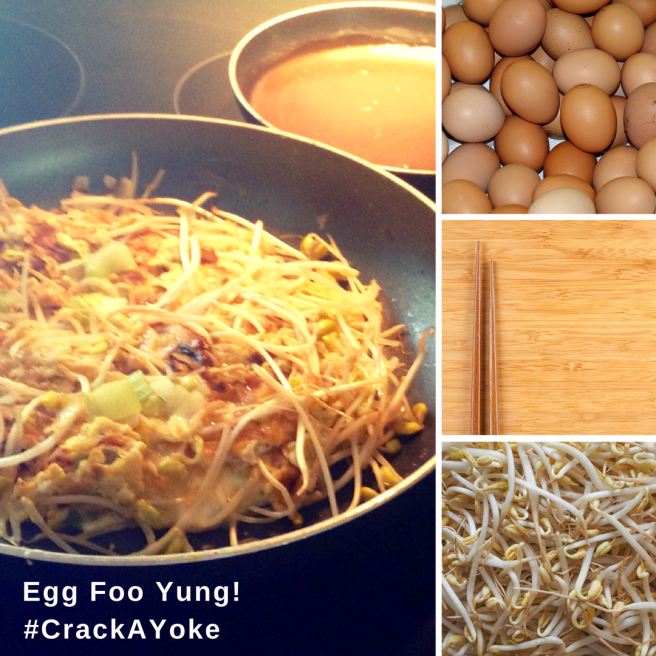 Left: egg foo yung in pan on stove top next to pot of sauce, right top image: eggs in shell, middle right chop sticks on top of a wooden table, bottom right bean sprouts
