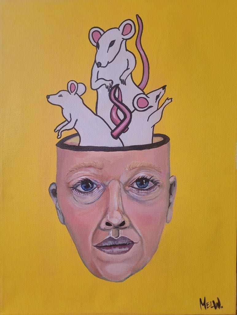 painting of a head with mice coming out of it
