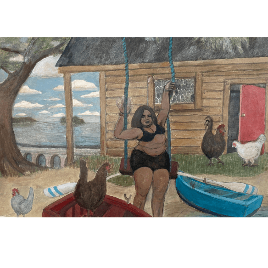 Painting of a woman in a swing, outside a cottage with chickens