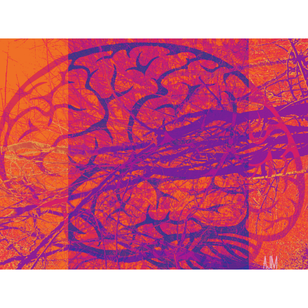 Digital art image of a brain orange and purple