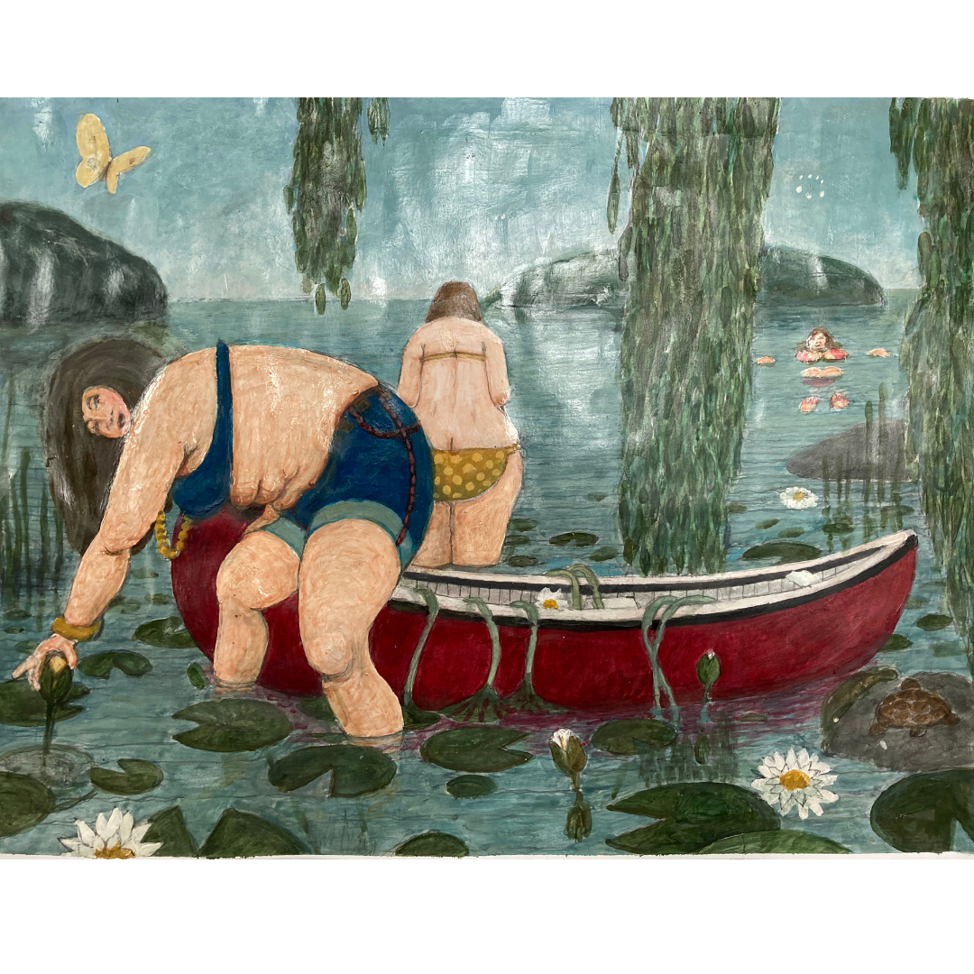 painting of 2 women in a canoe
