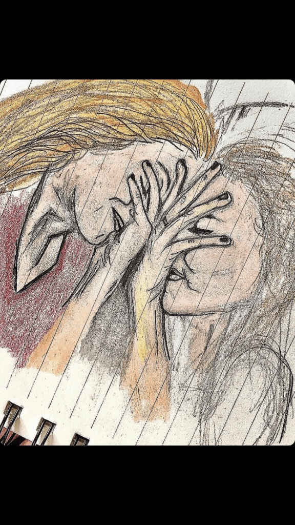 Soloured sketch of two women facing each other, with hands covering their faces. Drawn on lined paper