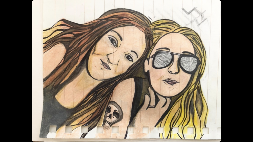 sketch of two women with long hair - coloured