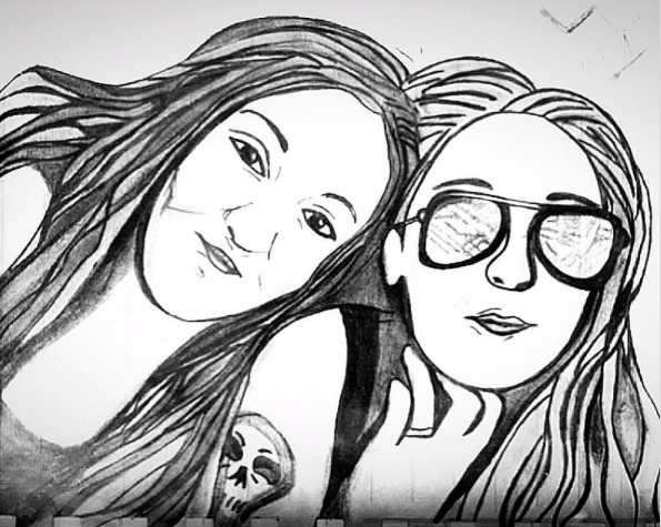 Sketch of two women, one wearing sunglasses