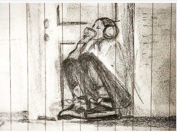 Pencil sketch of woman kneeling