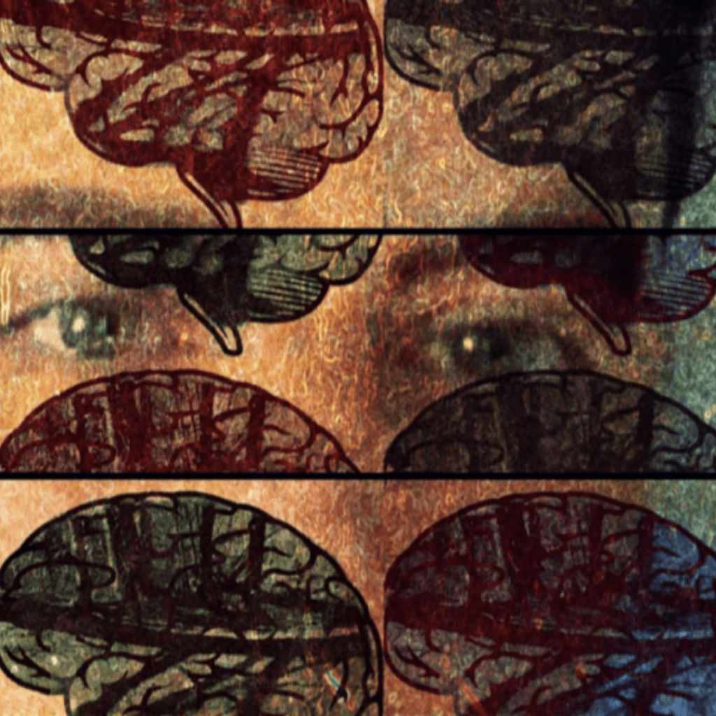 digital art piece featuring artist eyes with images of a brain