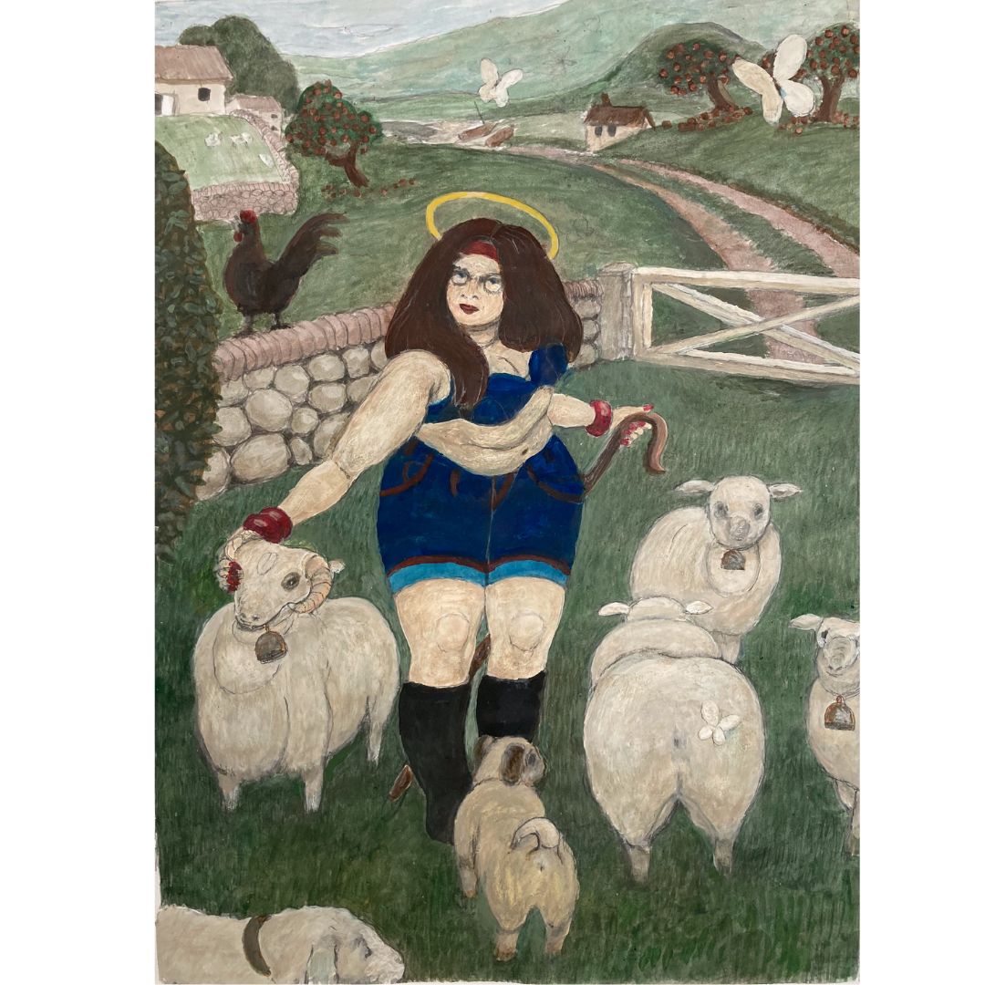 image of a woman in a field with sheep
