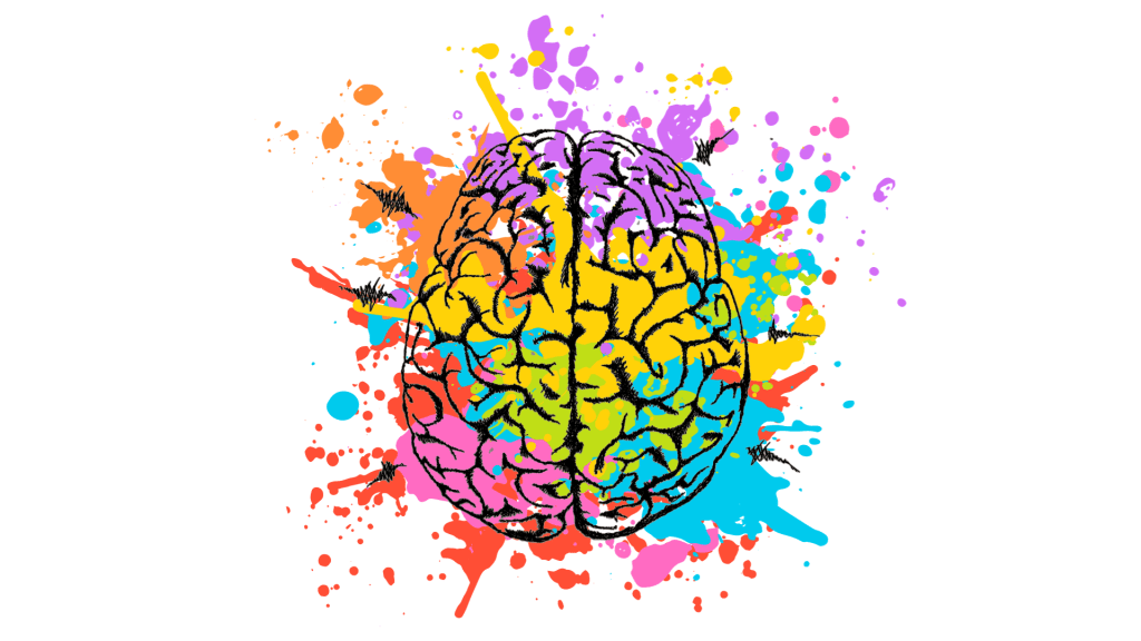 illustration of a brain splattered with multicoloured paint
